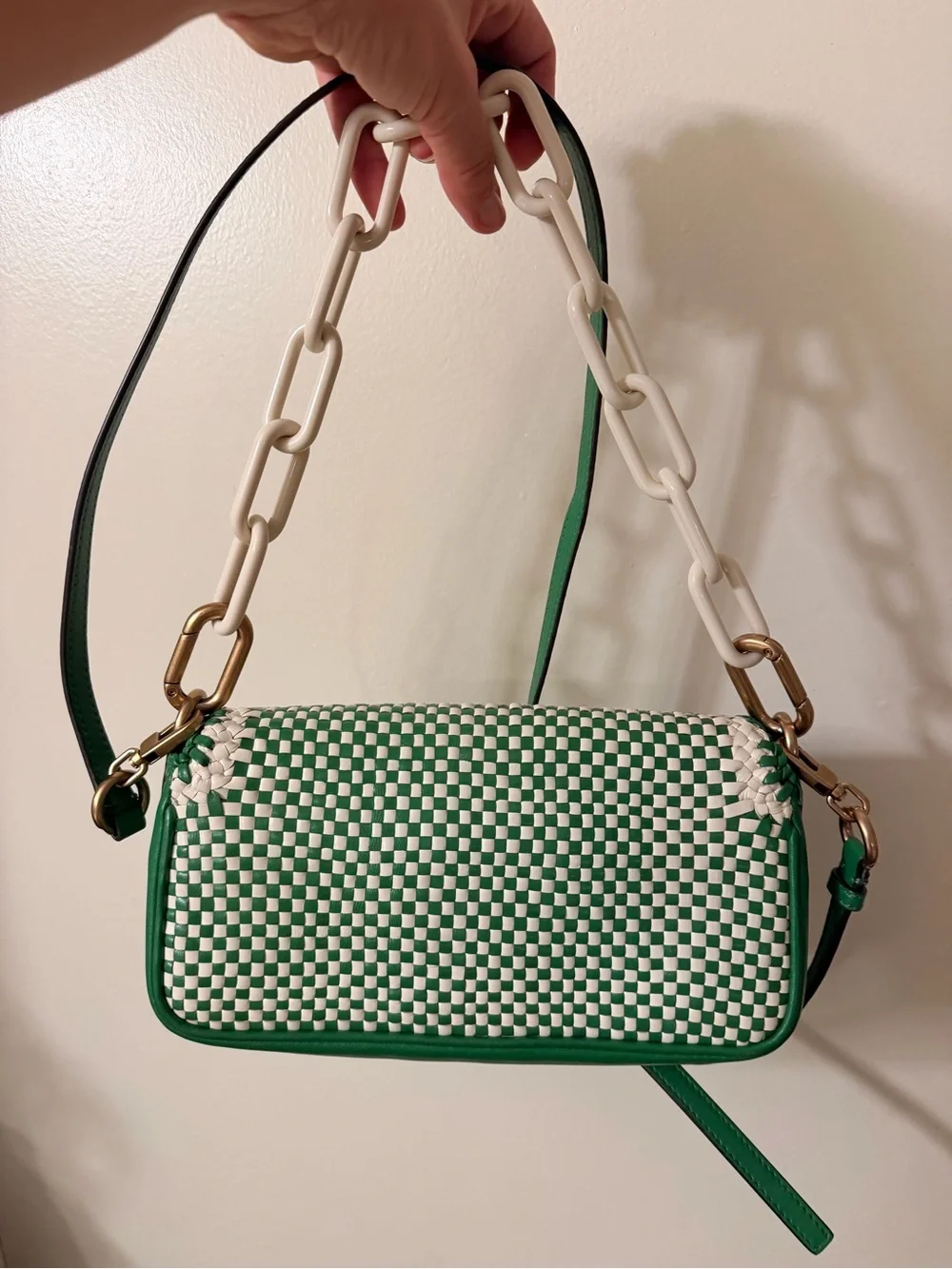 Tory Burch Green and Cream Woven Chain-Handle Crossbody